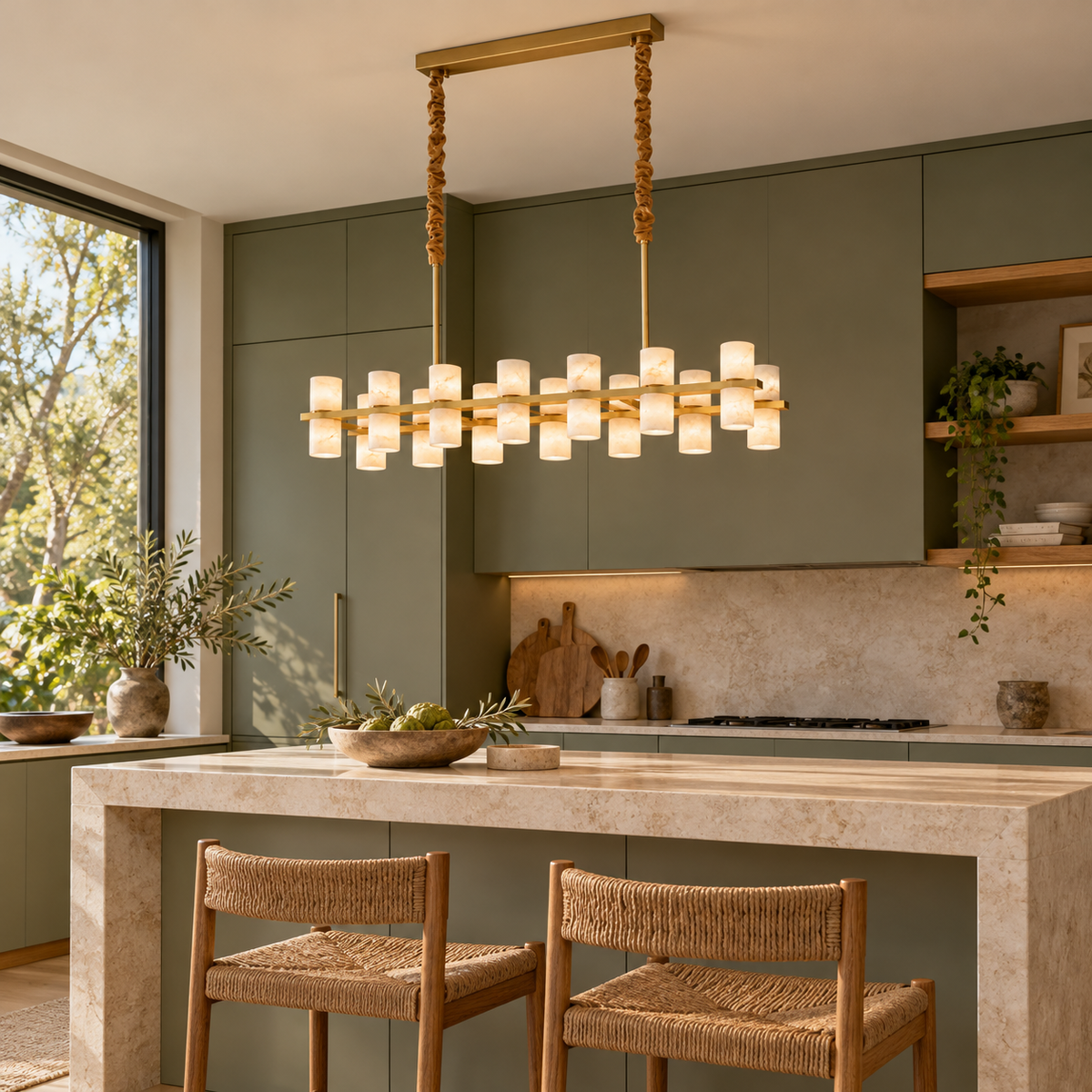 Filari alabaster cylinder linear chandelier, brass 85 cm, fourteen lights in kitchen island sage | CARRA HOME
