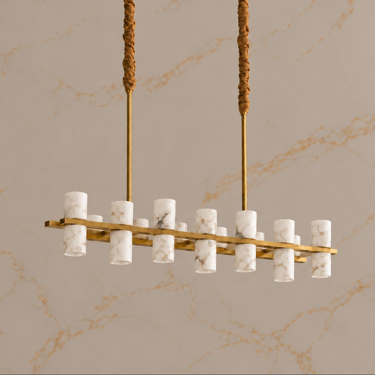 Filari Alabaster Cylinder Linear Chandelier gold 85cm fourteen lights, light off | CARRA HOME