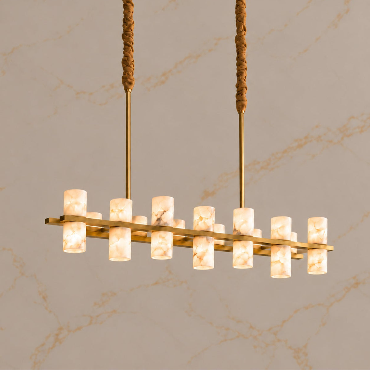 Filari Alabaster Cylinder Linear Chandelier gold 85cm fourteen lights, light on | CARRA HOME