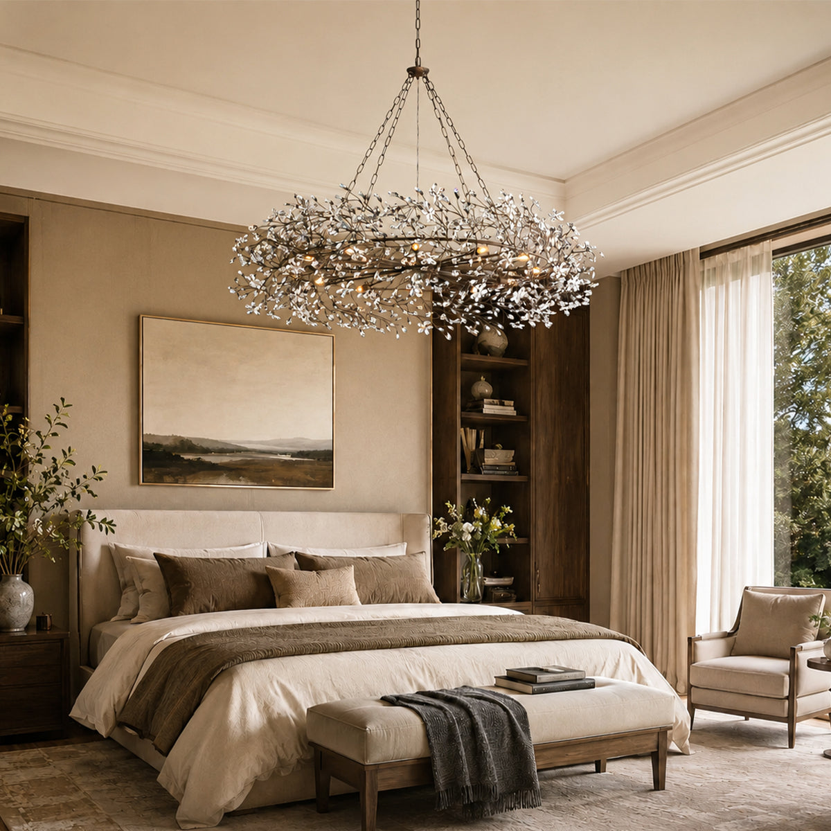 Fiore Crystal Crown Chandelier in a bedroom