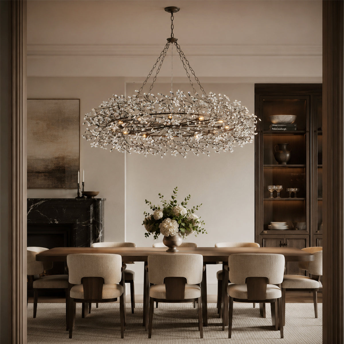 Fiore Crystal Crown Chandelier above a dining table