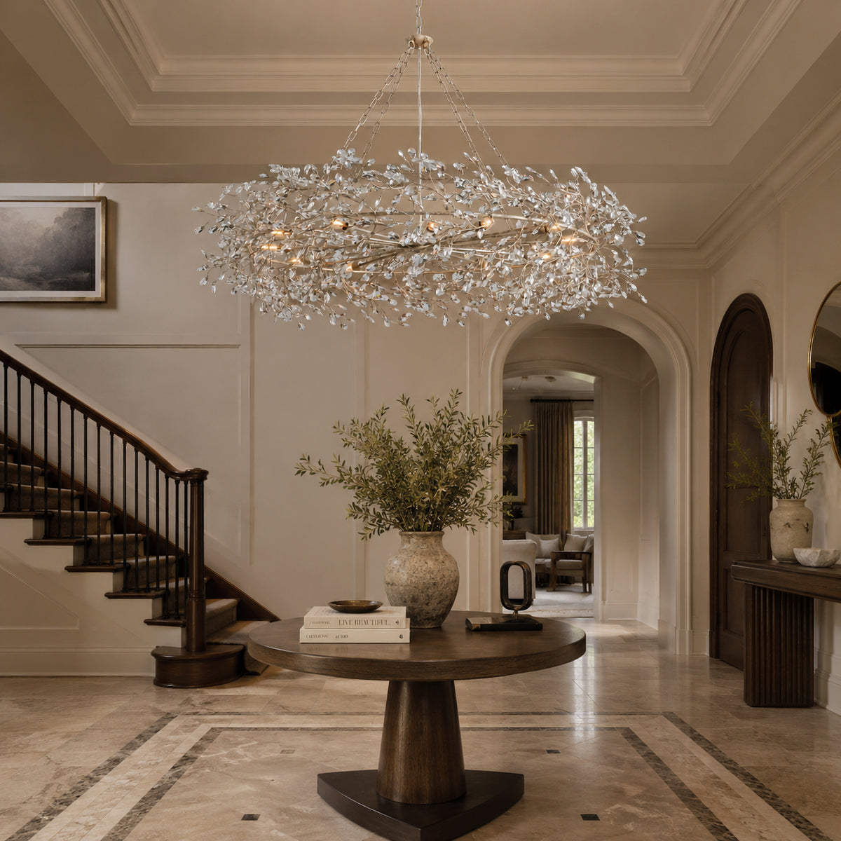 Fiore Crystal Crown Chandelier in a foyer