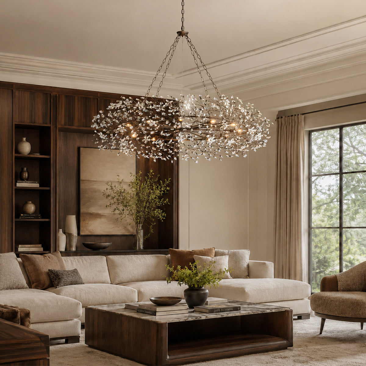 Fiore Crystal Crown Chandelier in a living room