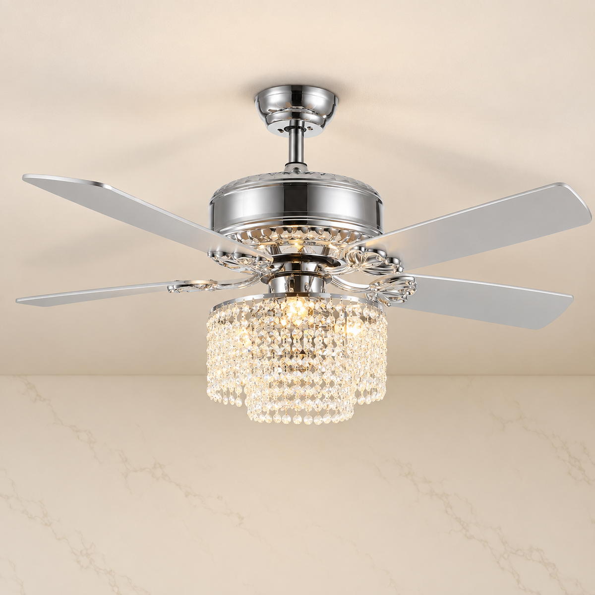 5-Blade 52-inch Raindrop Crystal Ceiling Fan illuminated