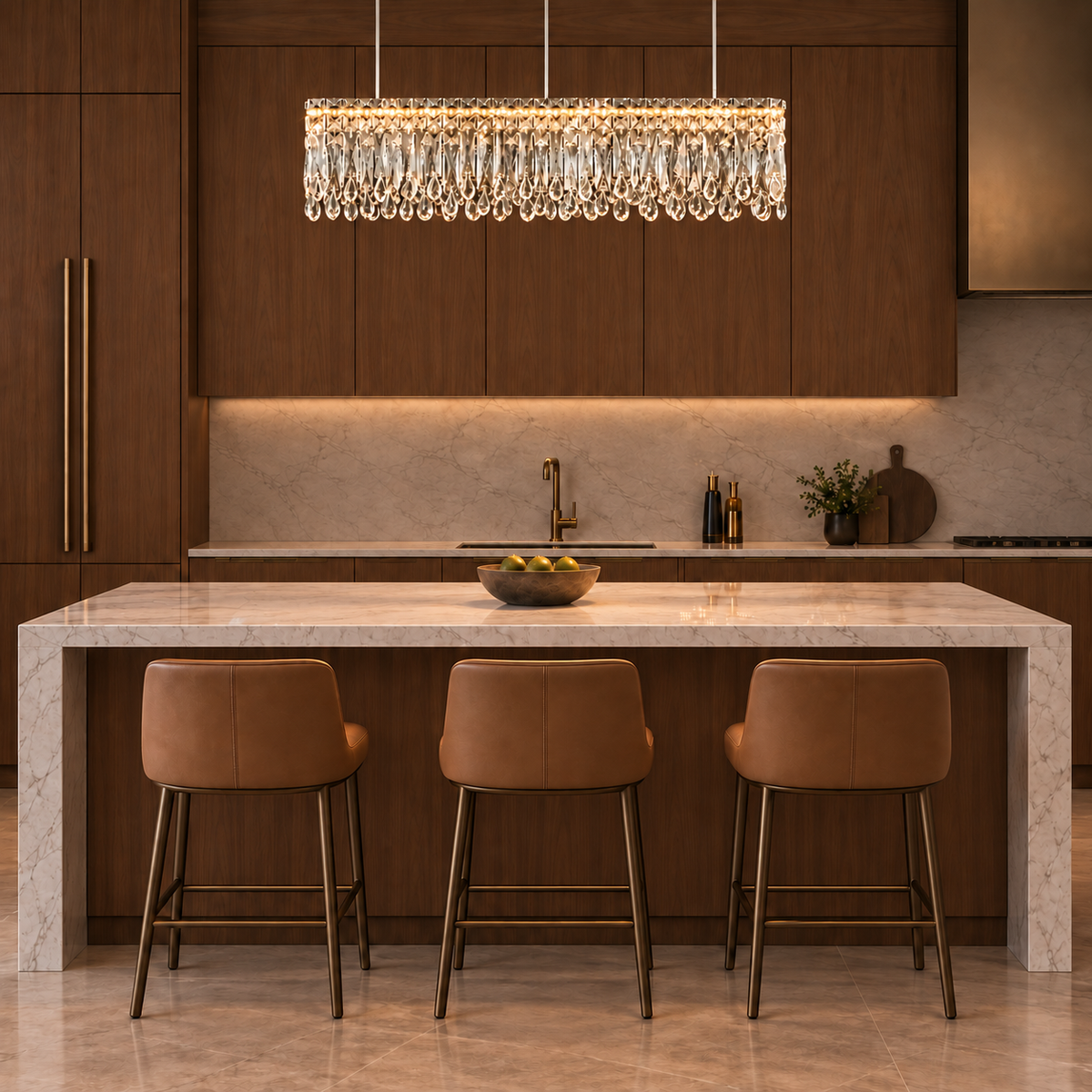 flow crystal linear chandelier chrome 100cm kitchen island walnut