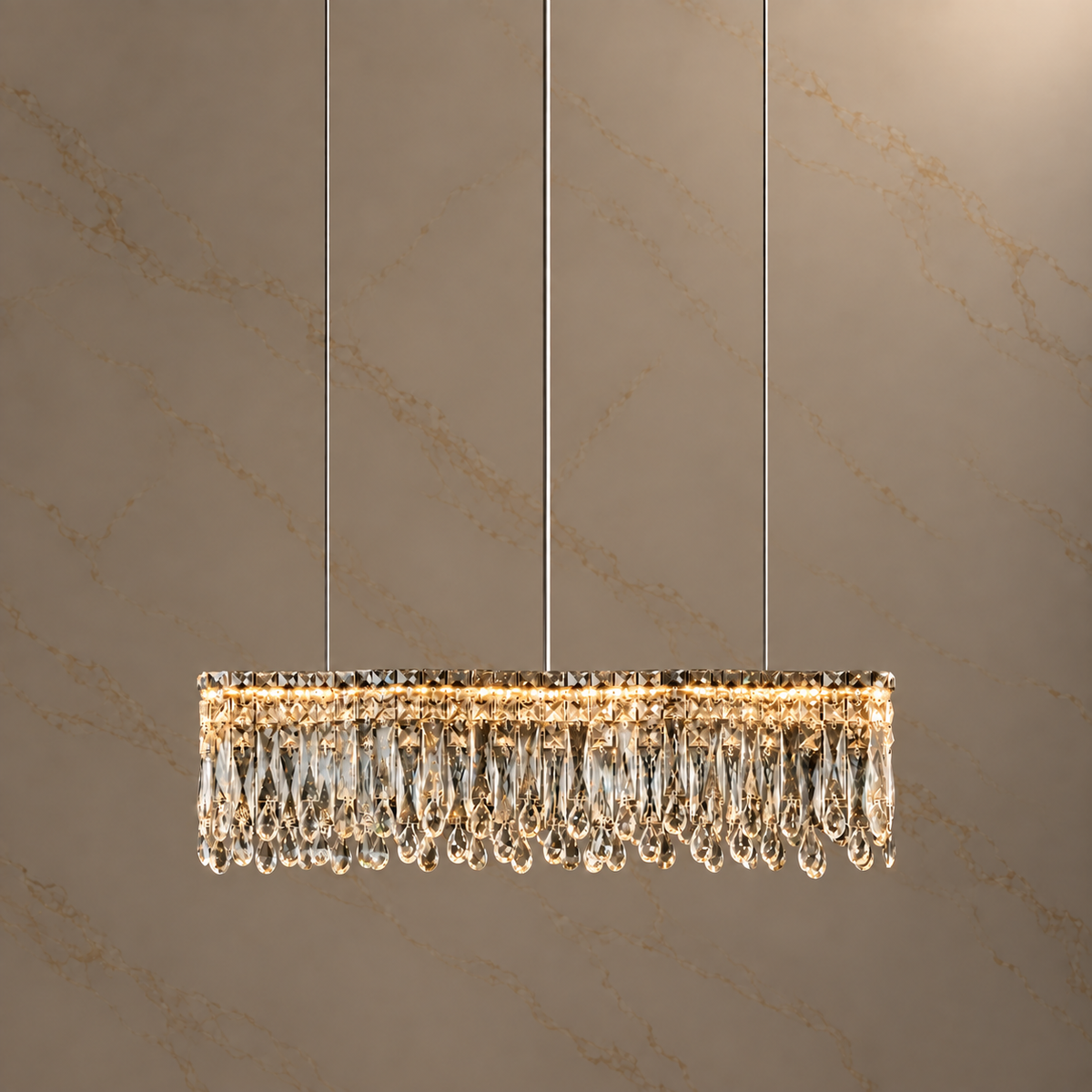 flow crystal linear chandelier chrome 100cm light on
