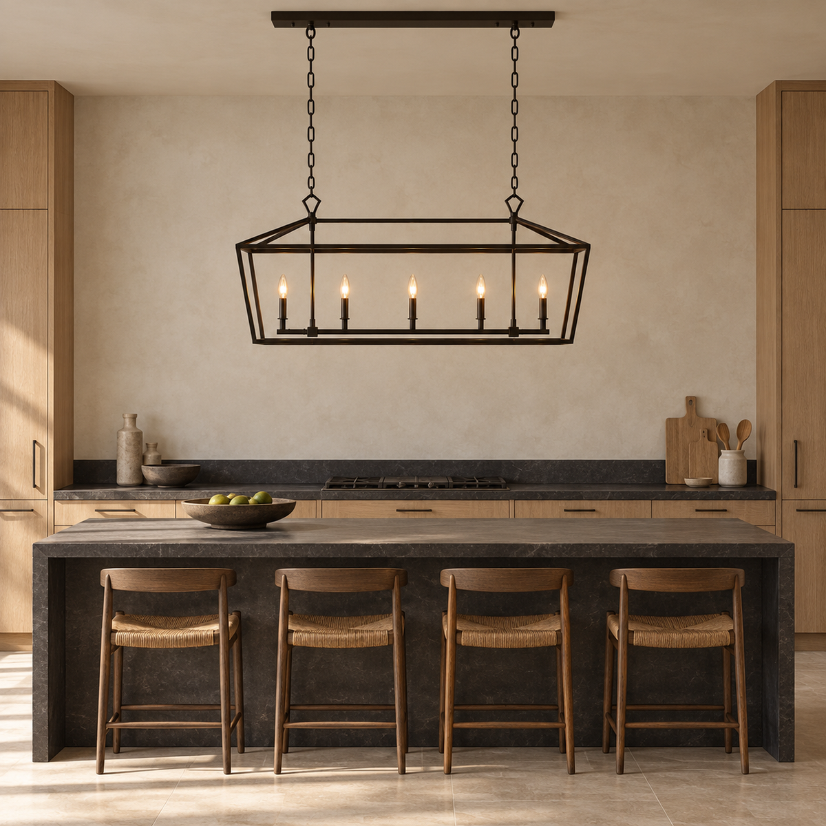 Garnet chandelier above a dark stone kitchen island | CARRA HOME
