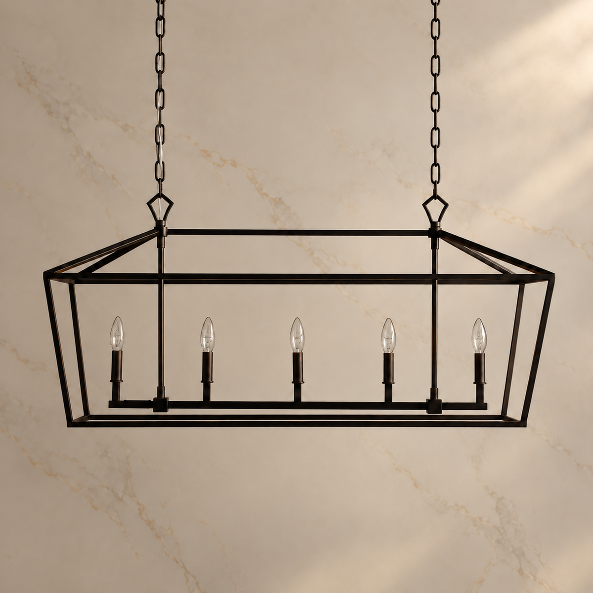 Garnet five-light iron rectangular chandelier unlit in bronze | CARRA HOME