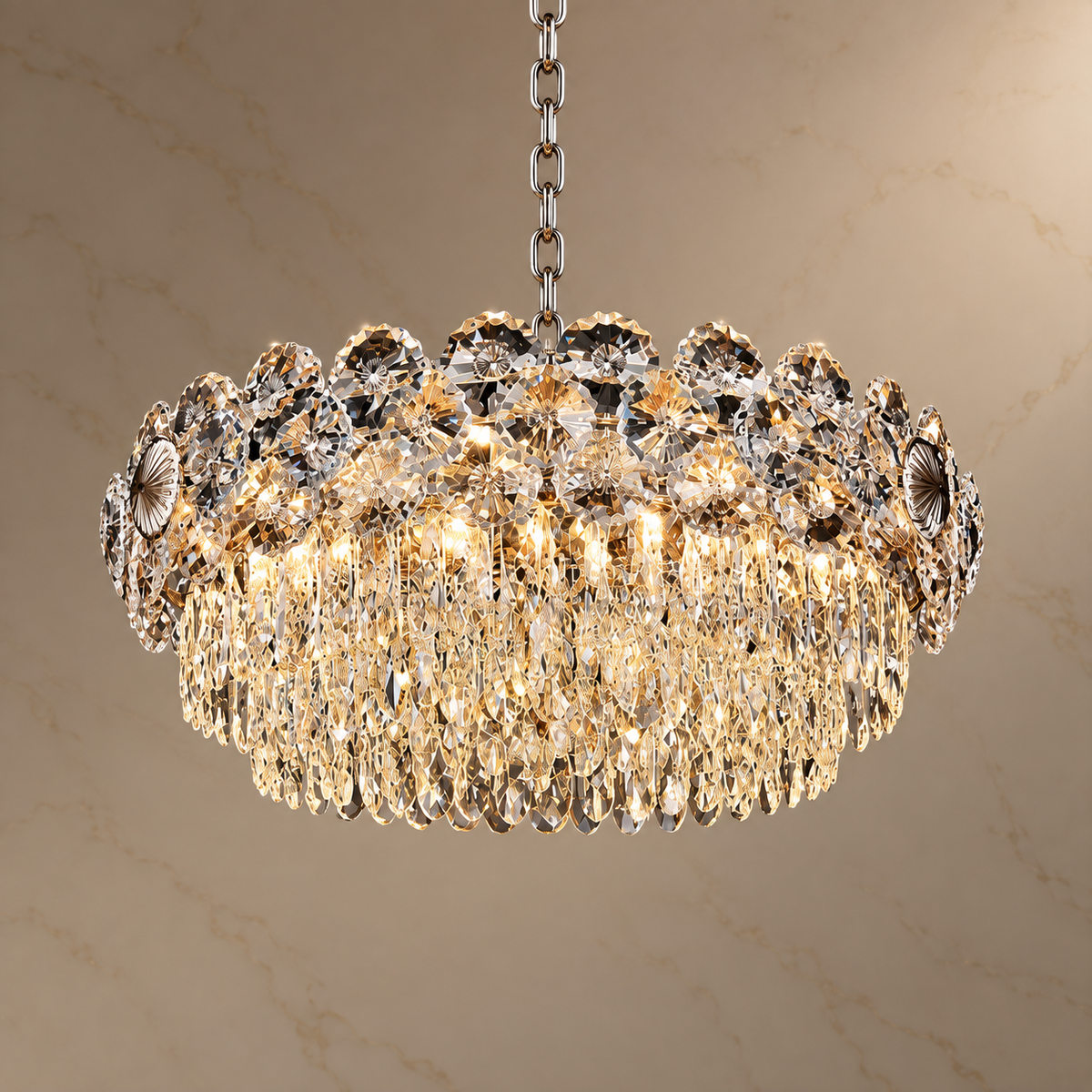 Glacia K9 Crystal Staggered Flush Chandelier illuminated
