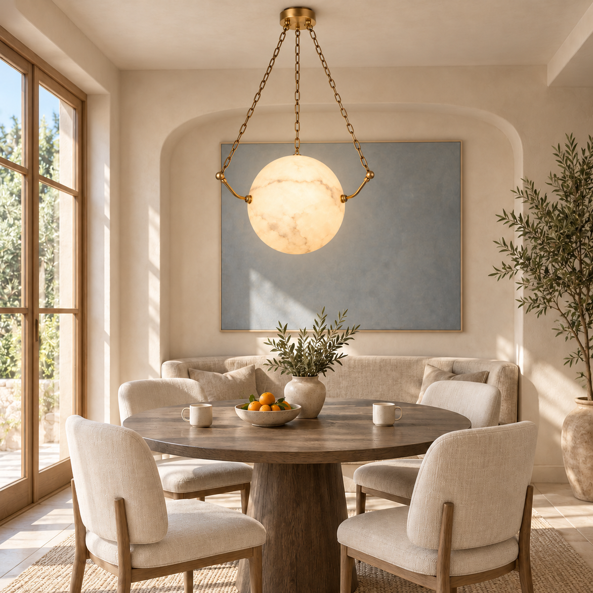 Globus Alabaster Globe Pendant Light copper 56 cm above round breakfast table | CARRA HOME