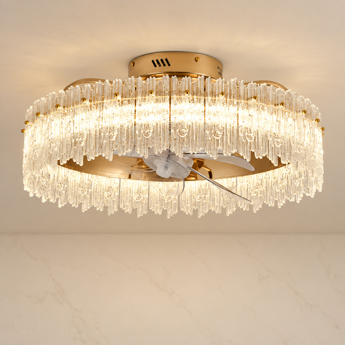 Gold Crystal Oscillating Ceiling Fan Light illuminated
