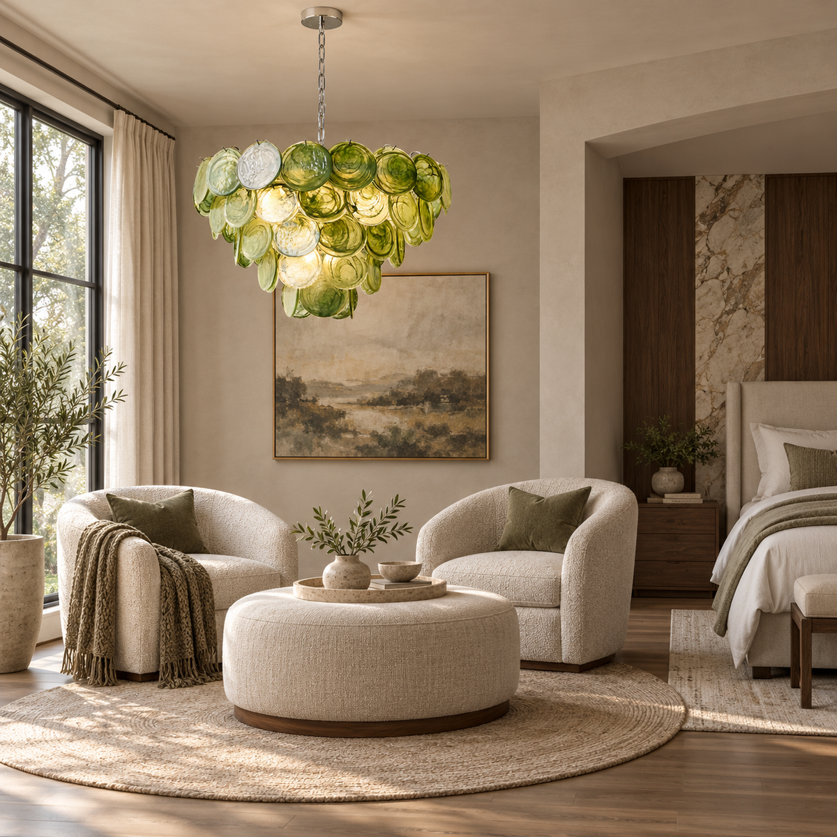 green glass disc cluster chandelier bedroom sitting area scene