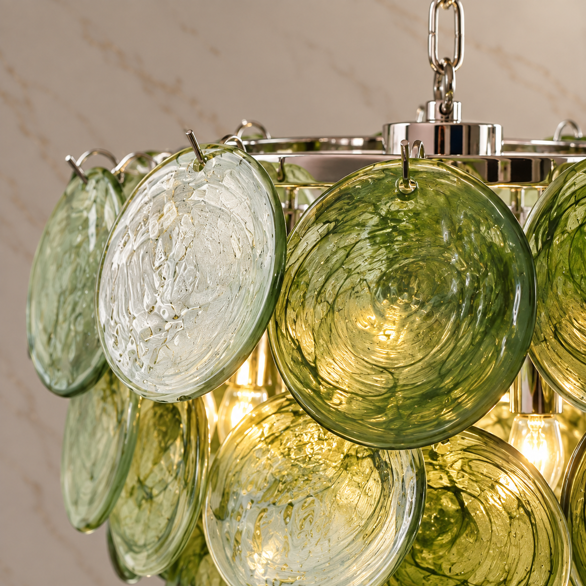 green glass disc cluster chandelier body detail