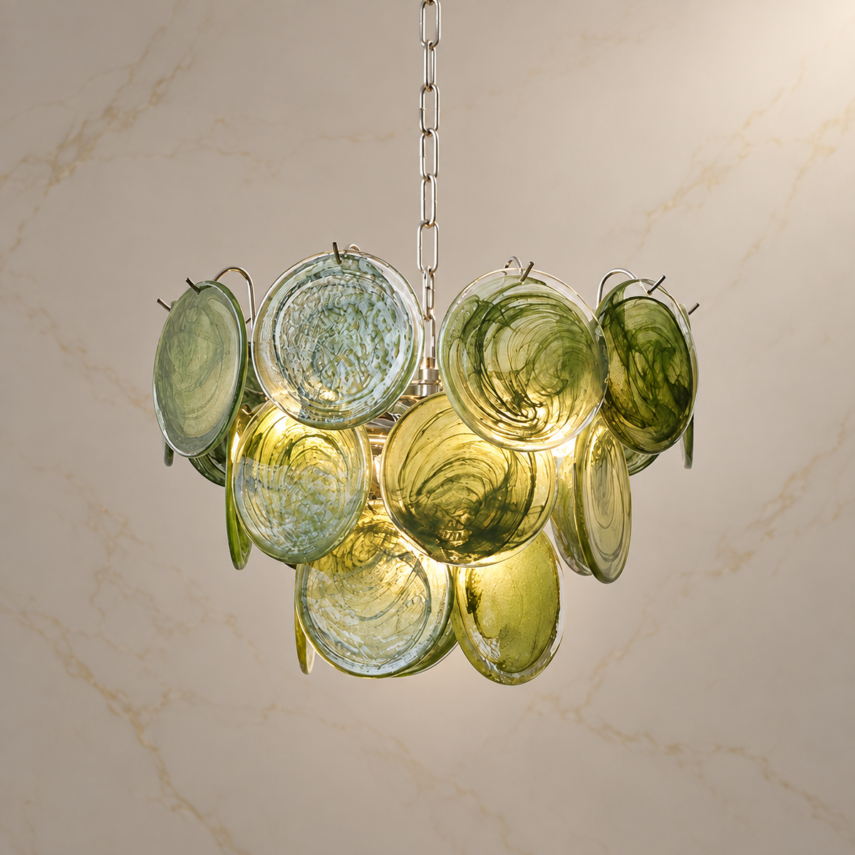 green glass disc cluster chandelier chrome 50x60cm light on