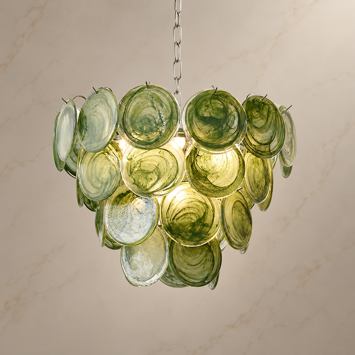 green glass disc cluster chandelier chrome 60x45cm light on