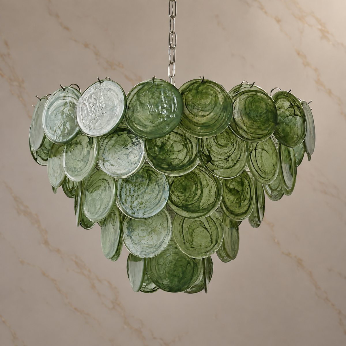 green glass disc cluster chandelier chrome 80x53cm light off