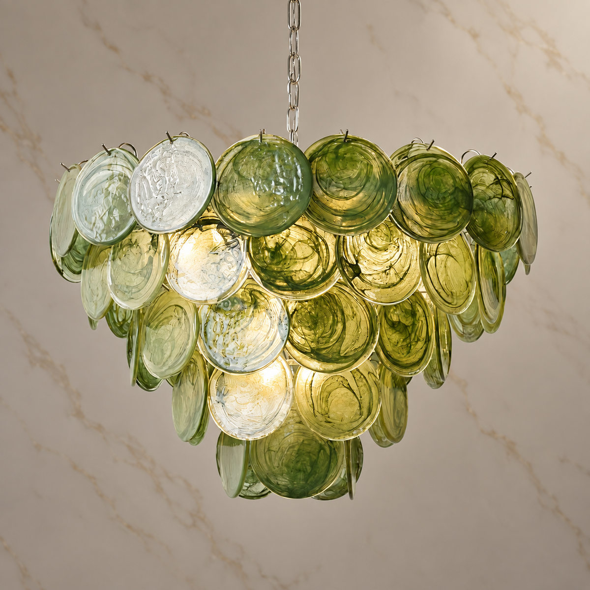 green glass disc cluster chandelier chrome 80x53cm light on