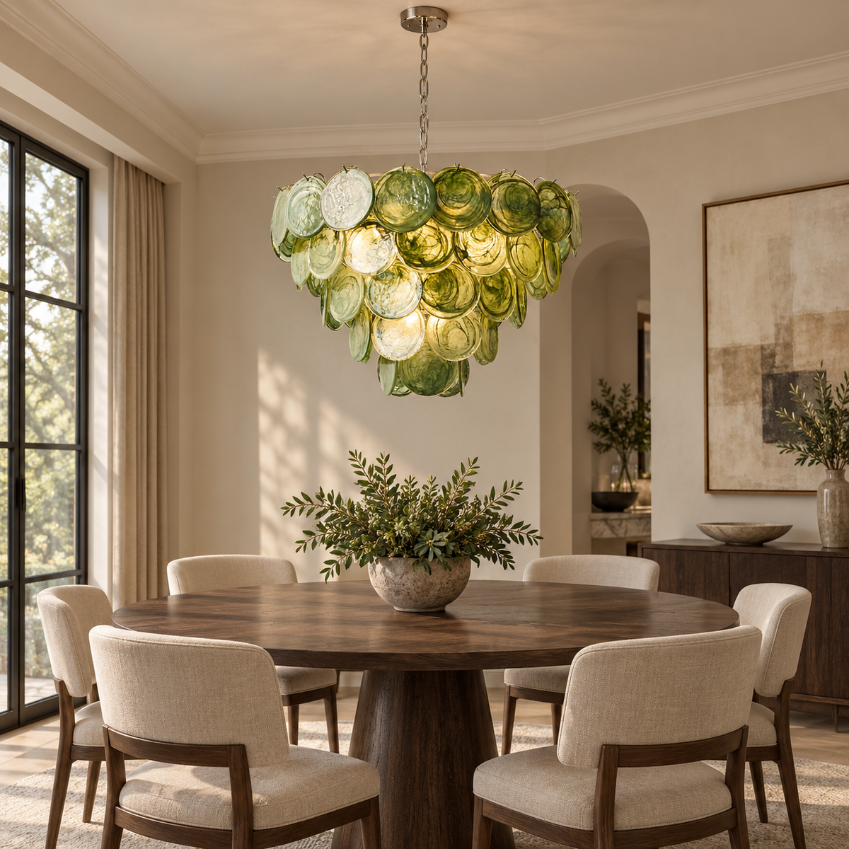 green glass disc cluster chandelier dining room scene