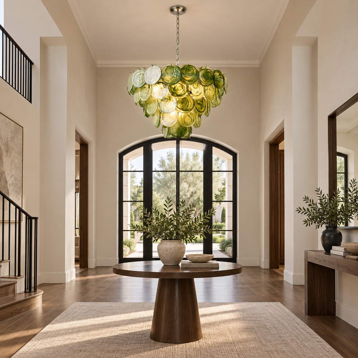green glass disc cluster chandelier foyer scene