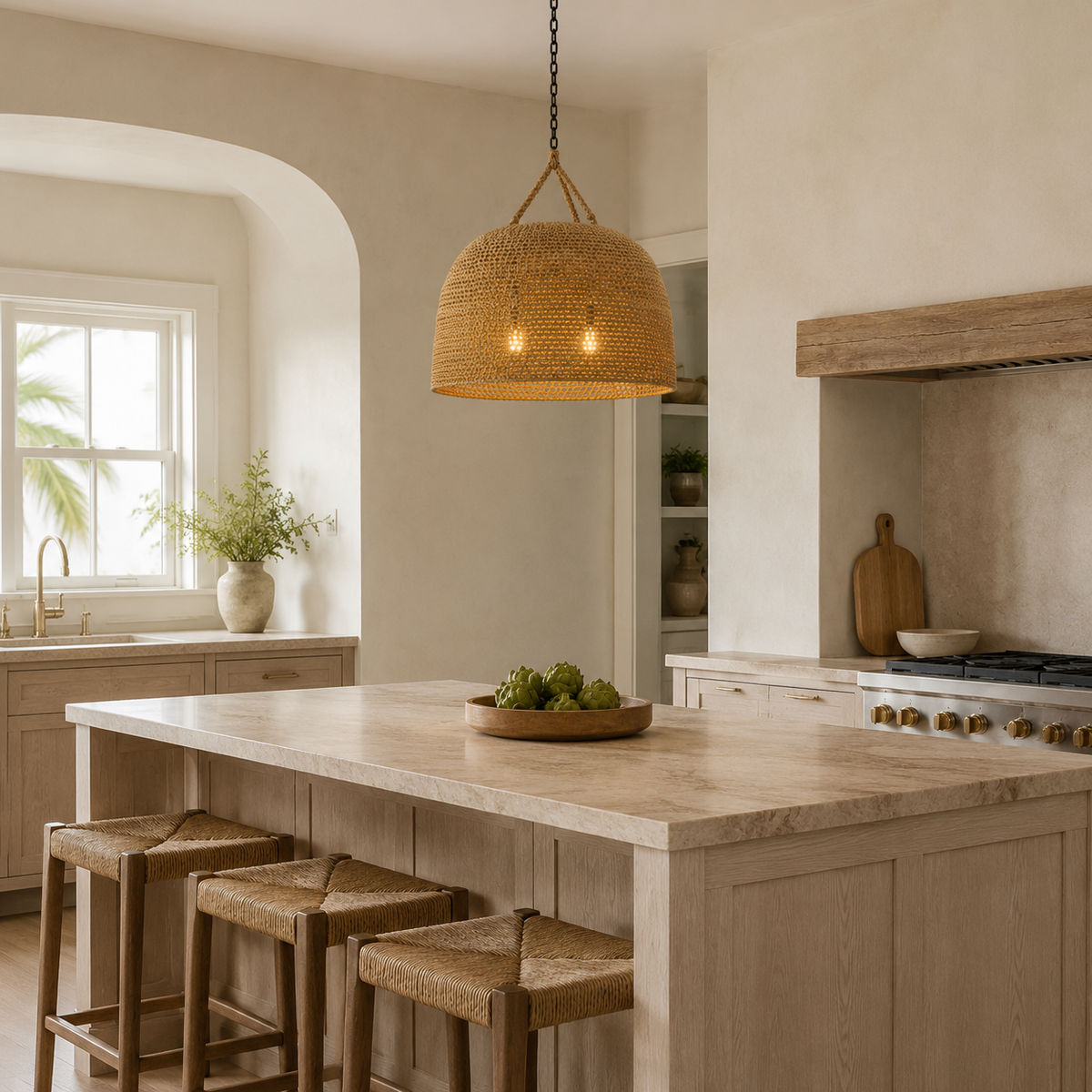 Green Oaks oversized pendant above a white oak kitchen island