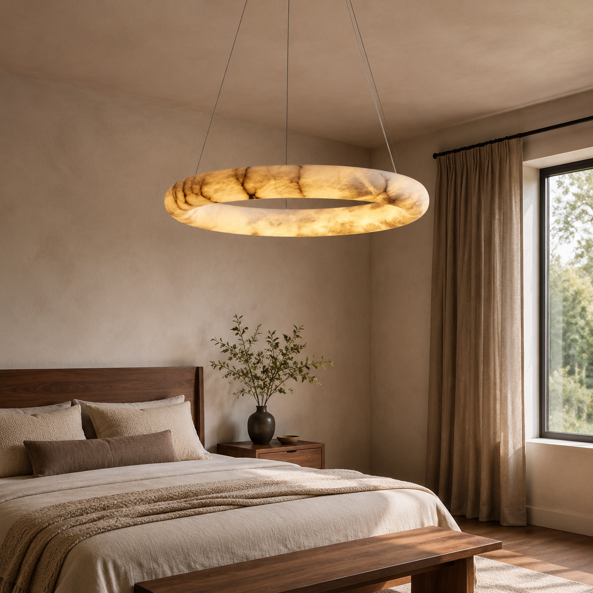 Halima alabaster halo chandelier in bedroom