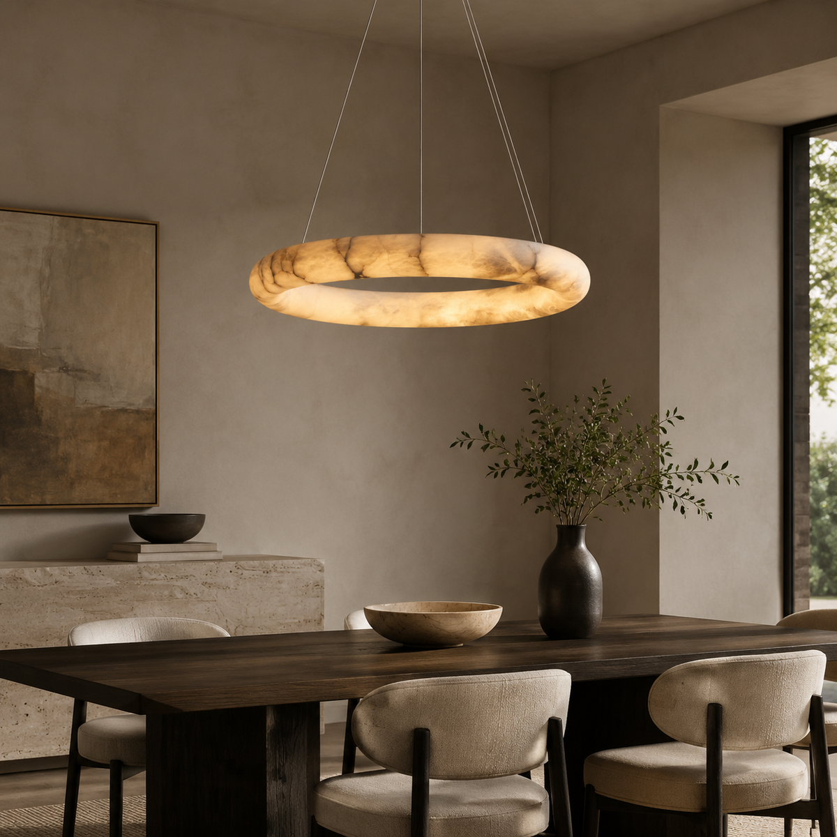 Halima alabaster halo chandelier in dining room