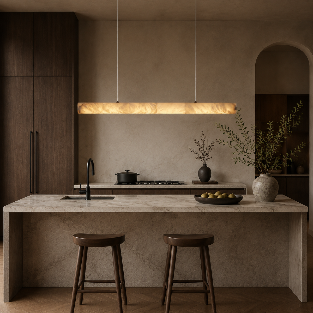 Halima linear chandelier in open kitchen