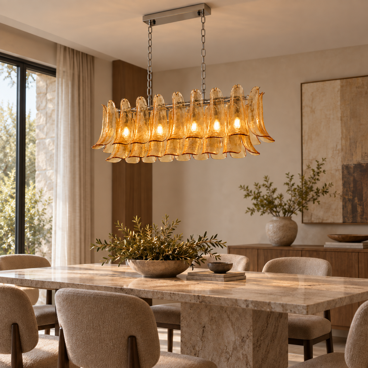 Liora amber glass linear chandelier above dining table | CARRA HOME