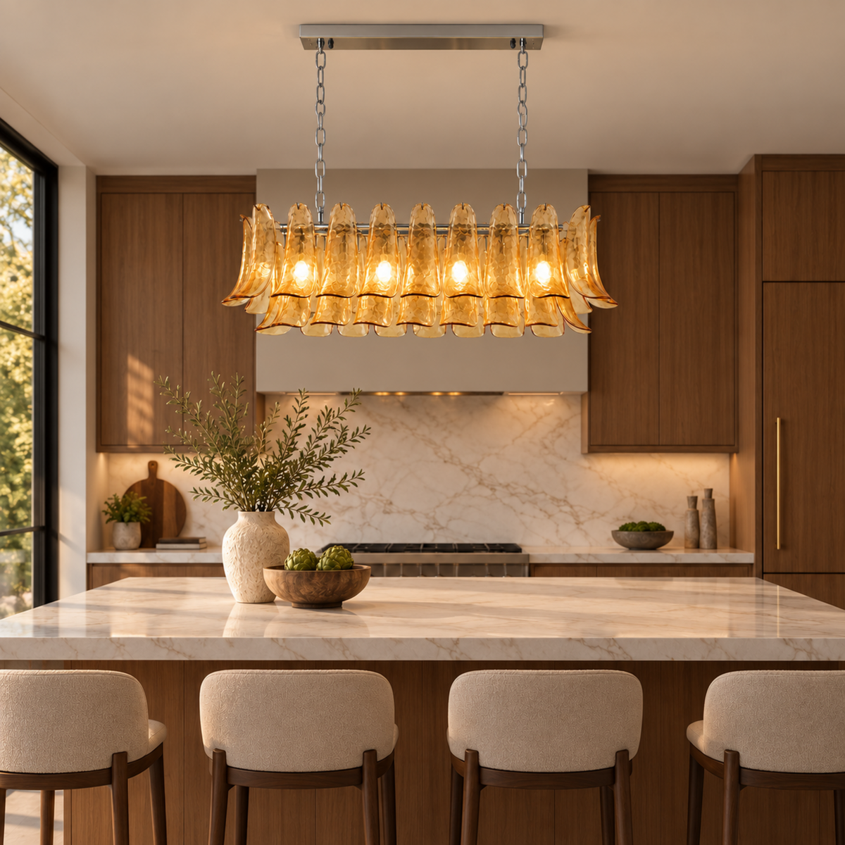 Liora amber glass linear chandelier above kitchen island | CARRA HOME