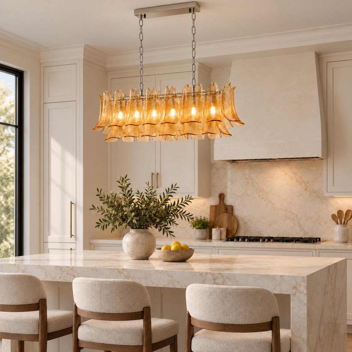 Liora amber glass linear chandelier in modern kitchen | CARRA HOME