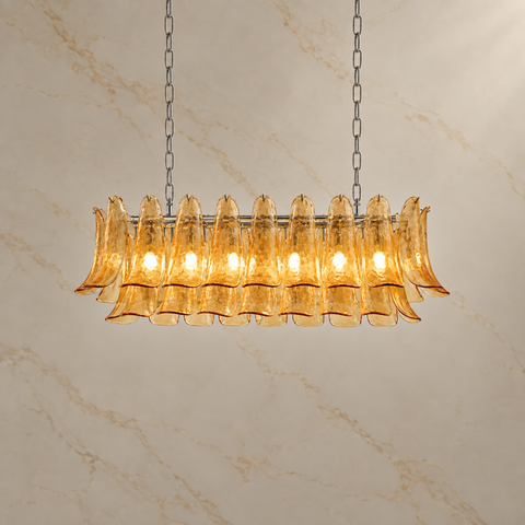 Liora Hand-Formed Glass Petal Linear Chandelier with lights on