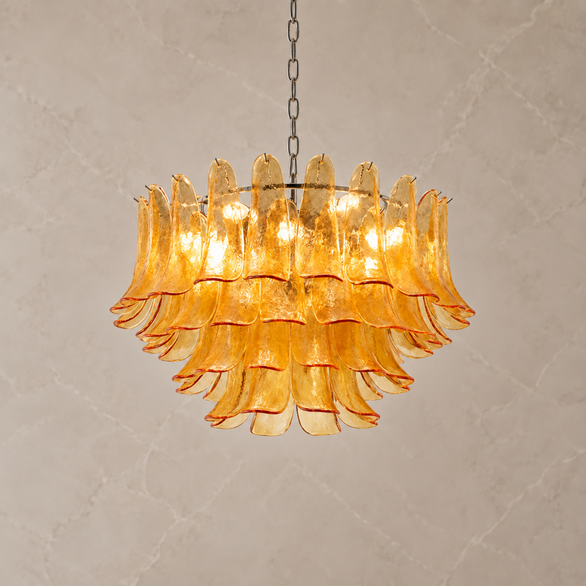 Florielle amber glass petal chandelier, 79 cm, illuminated | CARRA HOME