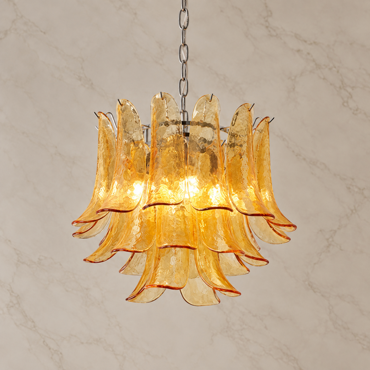 Florielle amber glass petal chandelier, 50 cm, illuminated | CARRA HOME