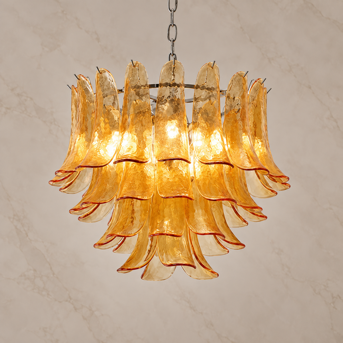 Florielle amber glass petal chandelier, 65 cm, illuminated | CARRA HOME