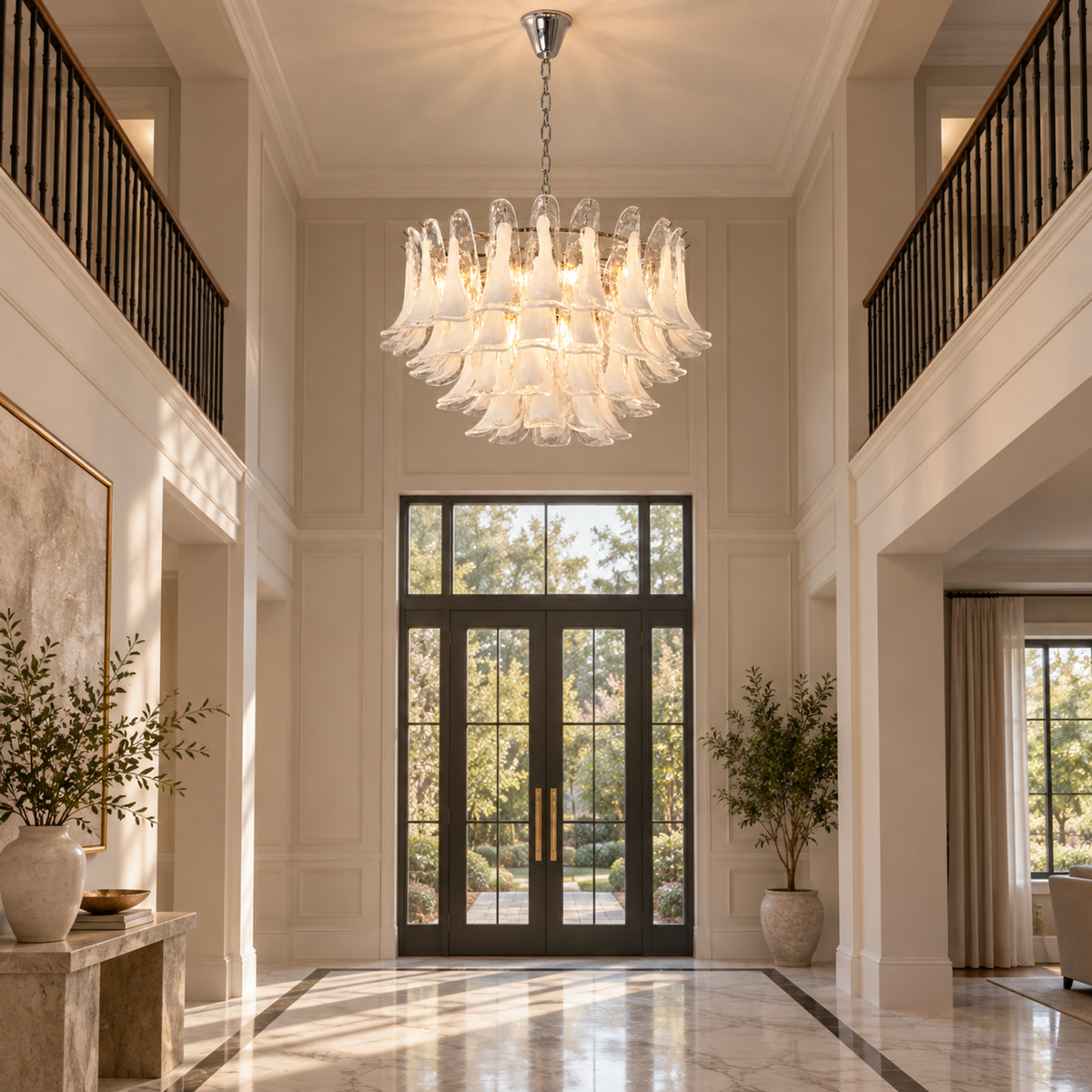 Florielle clear glass petal chandelier in foyer | CARRA HOME