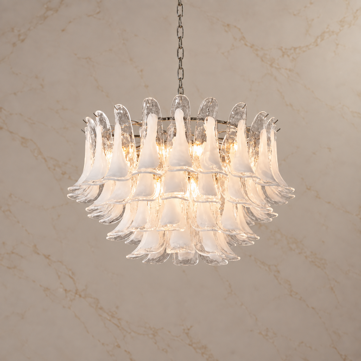 Florielle clear glass petal chandelier, 79 cm, illuminated | CARRA HOME
