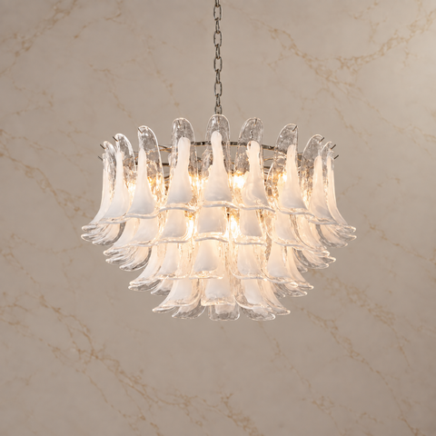 Florielle Hand-Formed Glass Petal Chandelier illuminated
