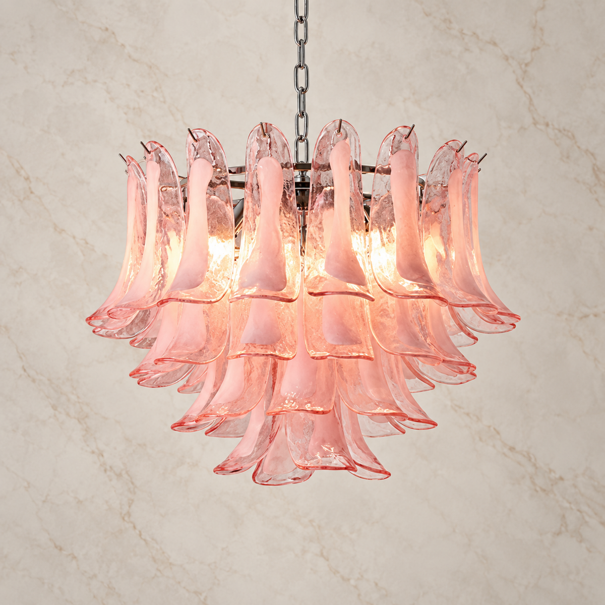 Florielle pink glass petal chandelier, 65 cm, illuminated | CARRA HOME