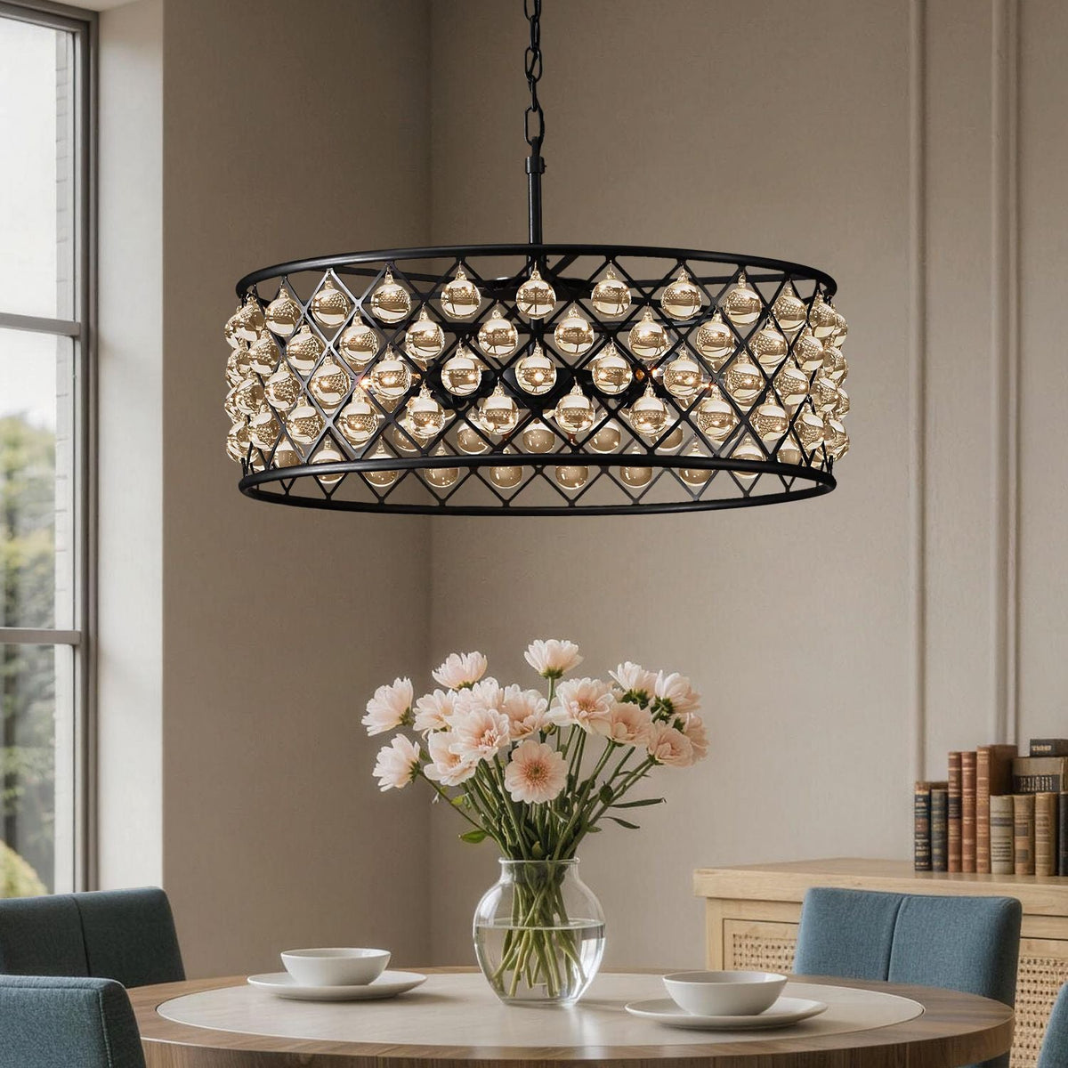 Orvian Vintage Black K9 Crystal Chandelier above a dining table