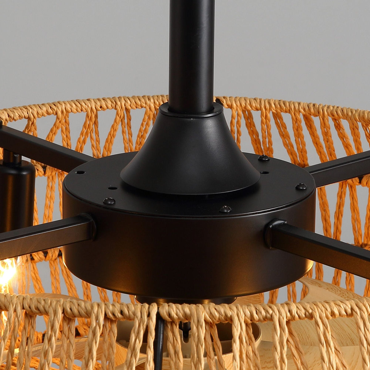 Haven Fan motor housing close-up — sturdy matte black metal mount, secure blade brackets, farmhouse industrial build quality | CARRA HOME