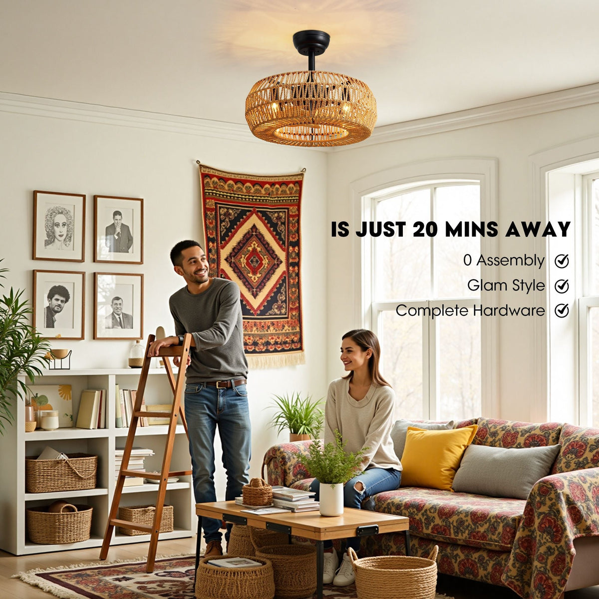 Haven Farmhouse Ceiling Fan quick-install benefits — 20-minute setup, zero assembly required, glam boho style, complete hardware included | CARRA HOME