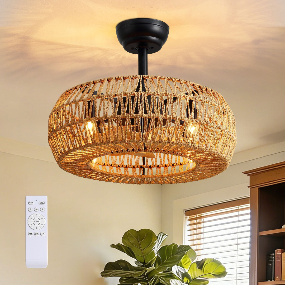 Haven 19.68" Modern Farmhouse Caged Ceiling Fan with Light — woven rattan cage shade, remote control, warm ambient glow, black matte finish | CARRA HOME