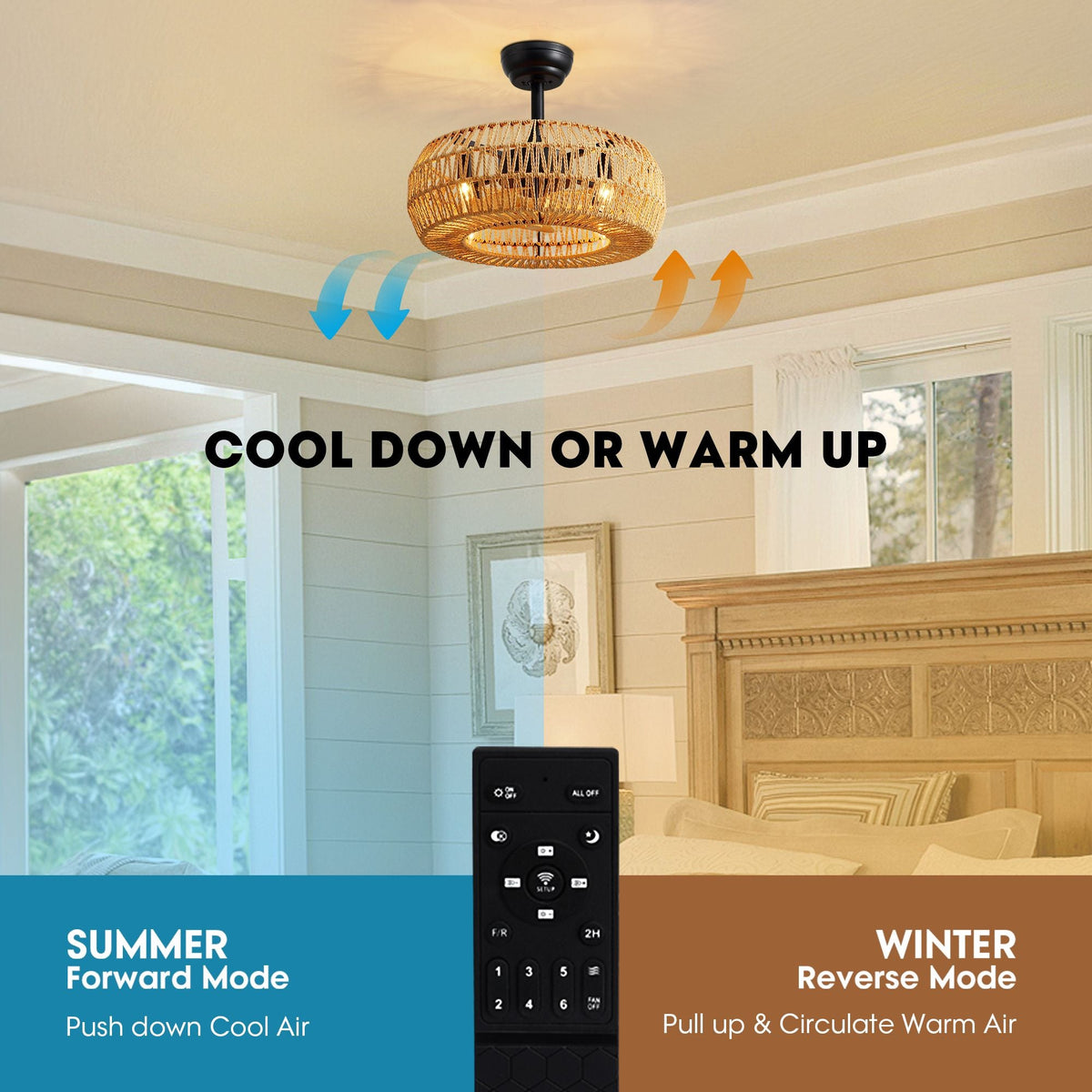 Haven Fan summer forward mode pushes cool air down, winter reverse mode circulates warm air — remote-controlled seasonal comfort | CARRA HOME