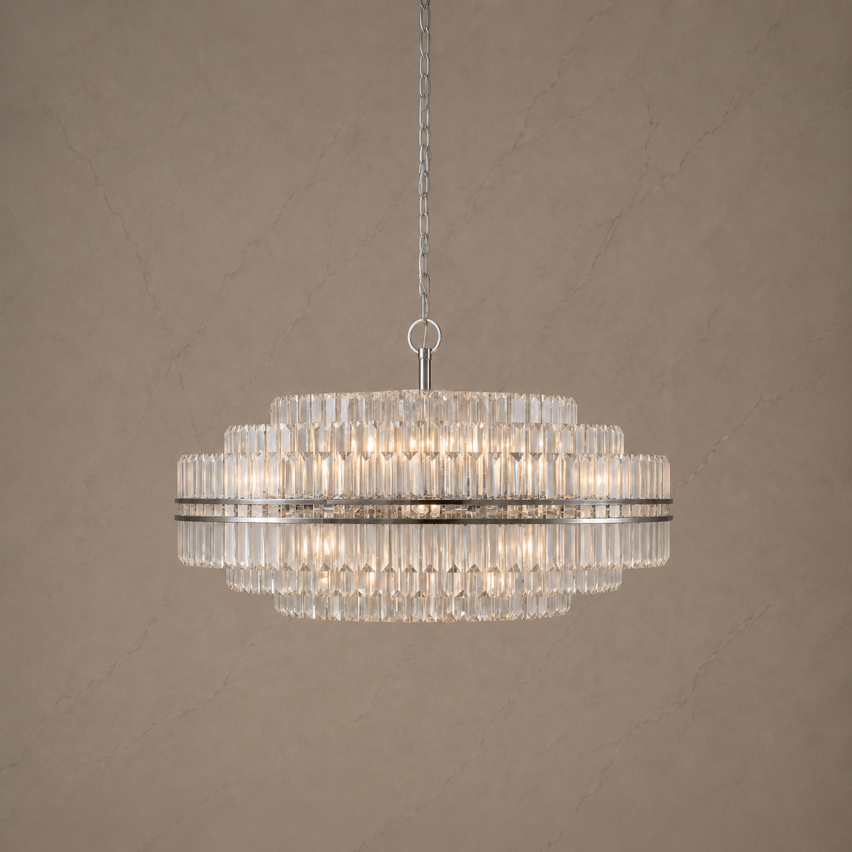 Hayes Crystal Round 16-Light Chandelier in chrome, 102cm, light on