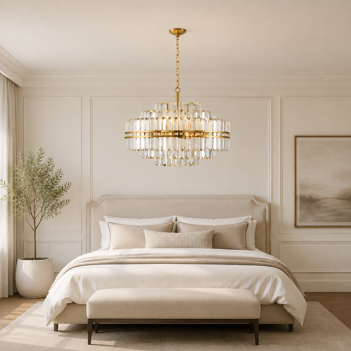 Hayes Crystal Round 16-Light Chandelier in gold in a bedroom