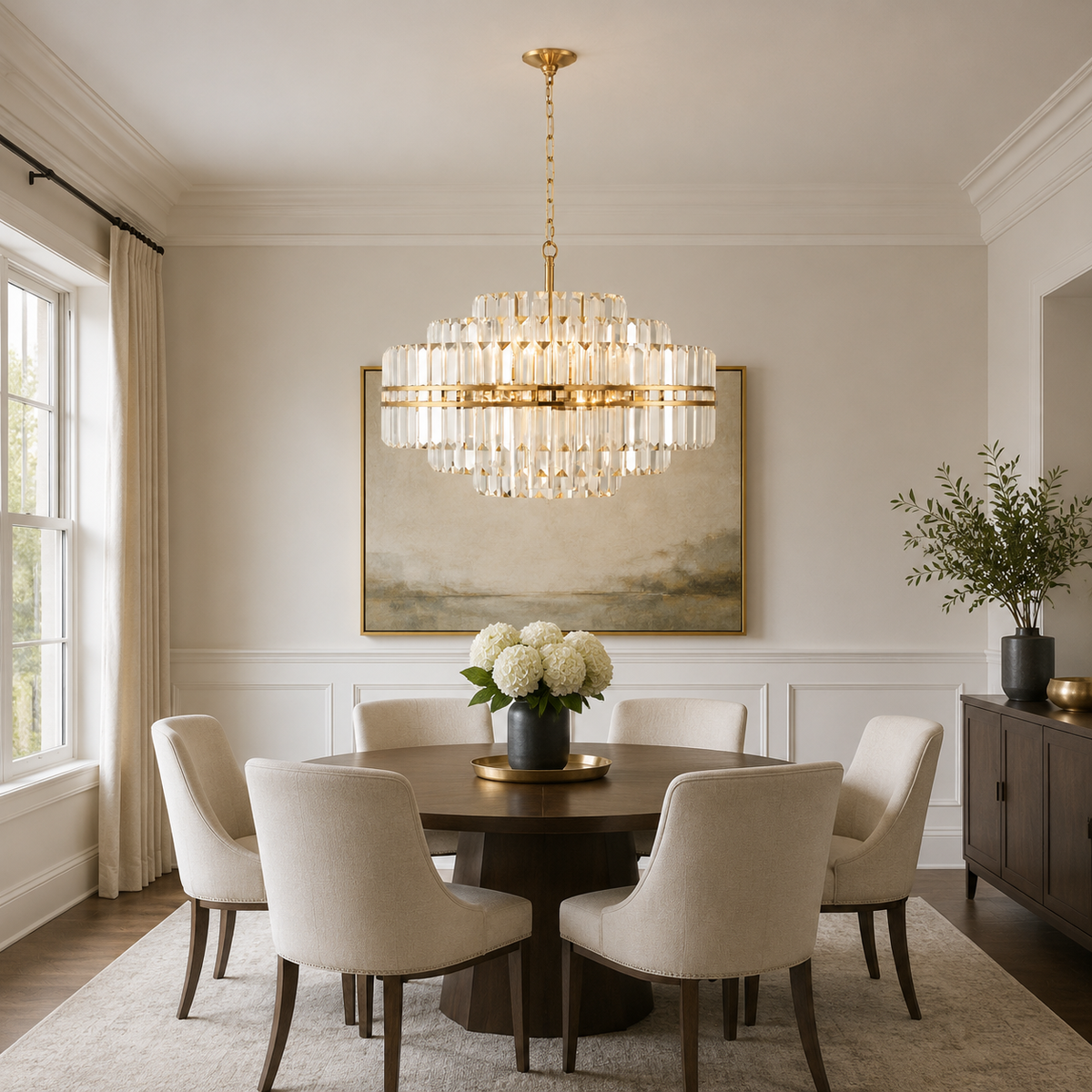 Hayes Crystal Round 16-Light Chandelier in gold in a dining room
