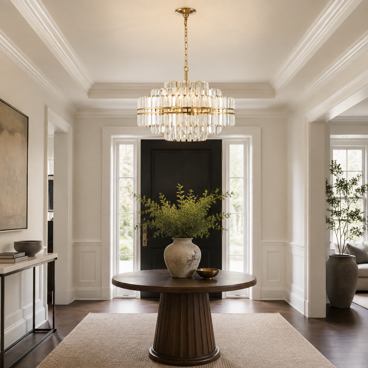 Hayes Crystal Round 16-Light Chandelier in gold in a foyer