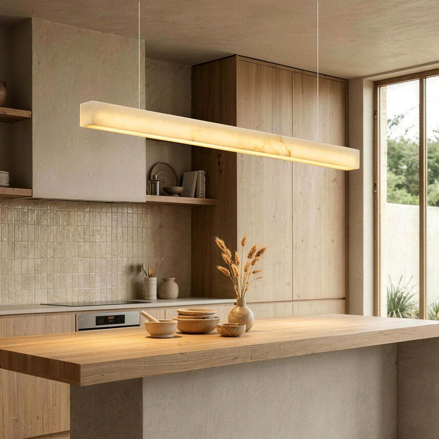 Horizon Modern Minimalist Alabaster Ultra-Slim Linear LED Chandelier in a modern kitchen — hanging above a light wood kitchen island with ceramic bowls and a vase of dried flowers, against light wood cabinetry -carra-home