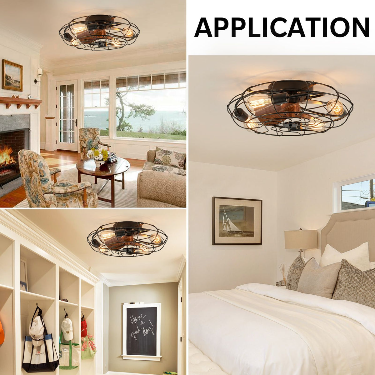 Kestrel Industrial Fan in real-life settings — bright coastal bedroom with large windows, walk-in closet with clothing racks, boho-chic decor | CARRA HOME