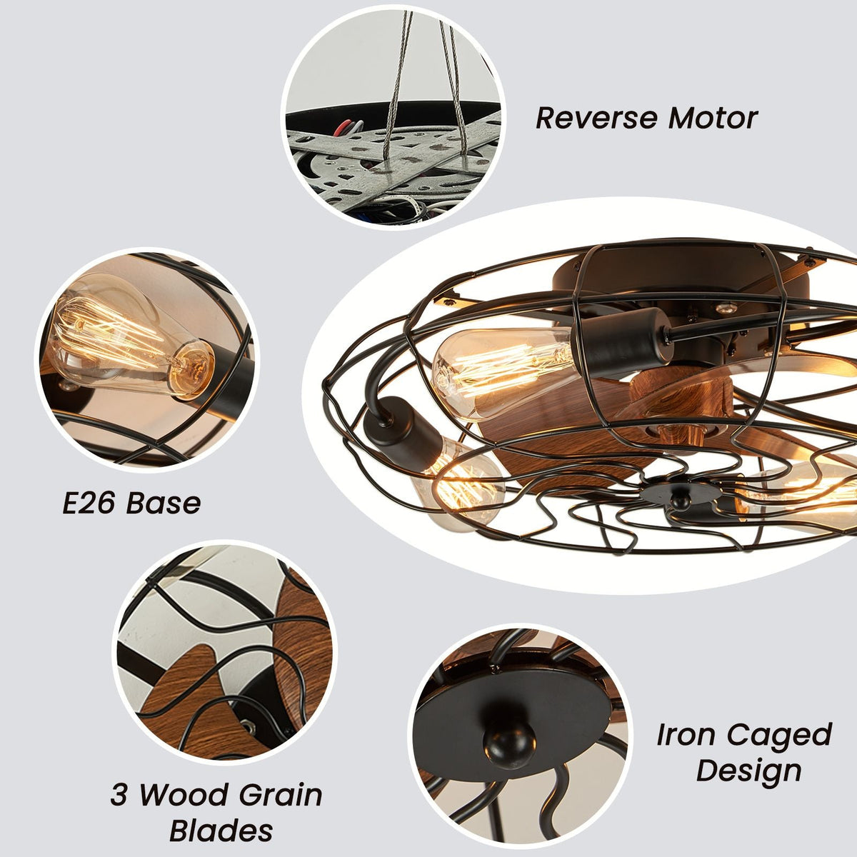 Close-up of Kestrel’s industrial caged design — black wrought iron frame, curved wood grain blades, E26 socket, vintage Edison bulb glow | CARRA HOME